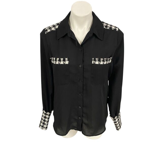 Laundry by Shelli Segal Top Womens Sz Small Black Houndstooth Shirt Work Office - Picture 7 of 16